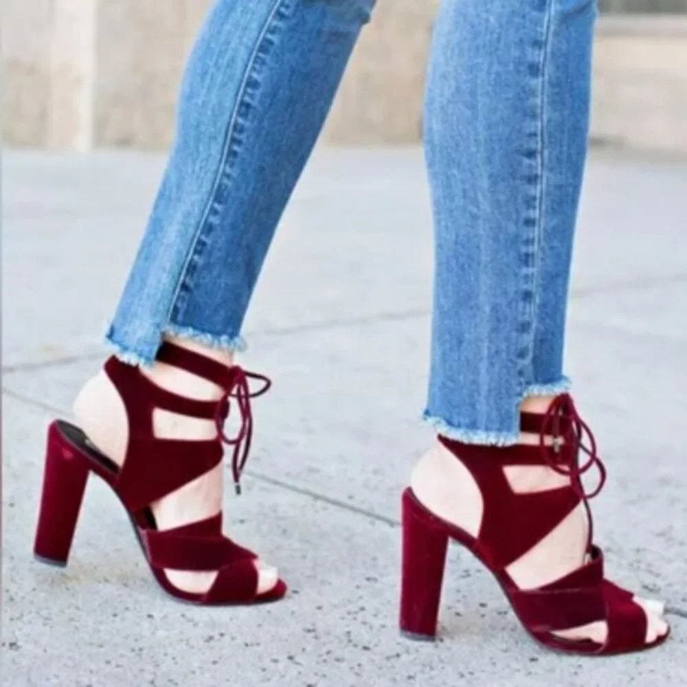 Halogen Burgun Velour Lace Up‎ High Heel Sandal Size 9M Open Toe